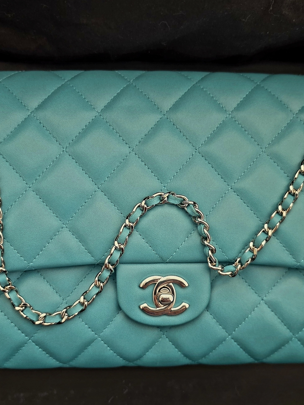 Chanel Tifanny Blue Quilted Leather Clutch, Torquoise With Silver Chain